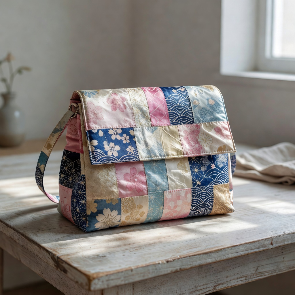 A finished tote bag made from vintage kimono silk with a floral repeat pattern