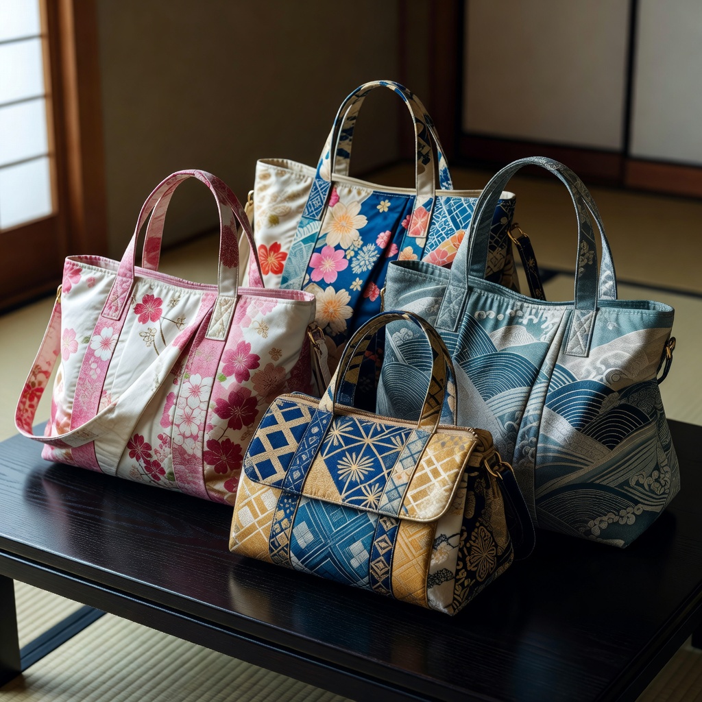 A collection of three different bags made from different kimono fabrics displayed together