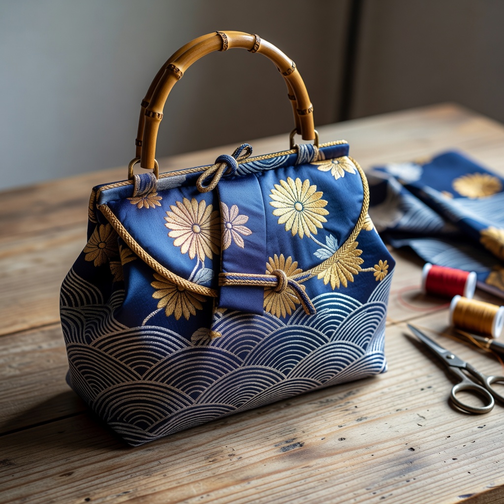 A beautifully made tote bag inspired by kimono fabric patterns displayed on a wooden table