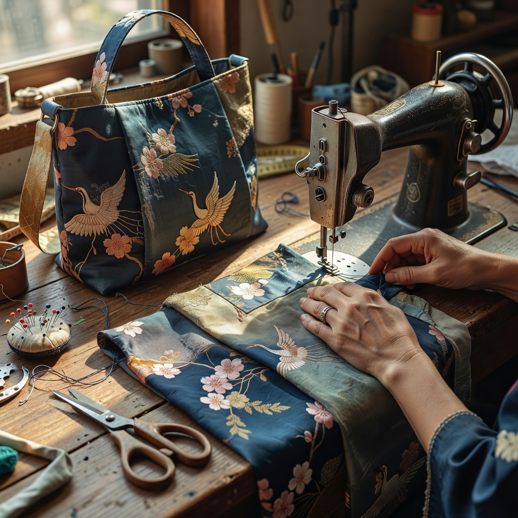 Sewing kimono fabric panels together on a sewing machine