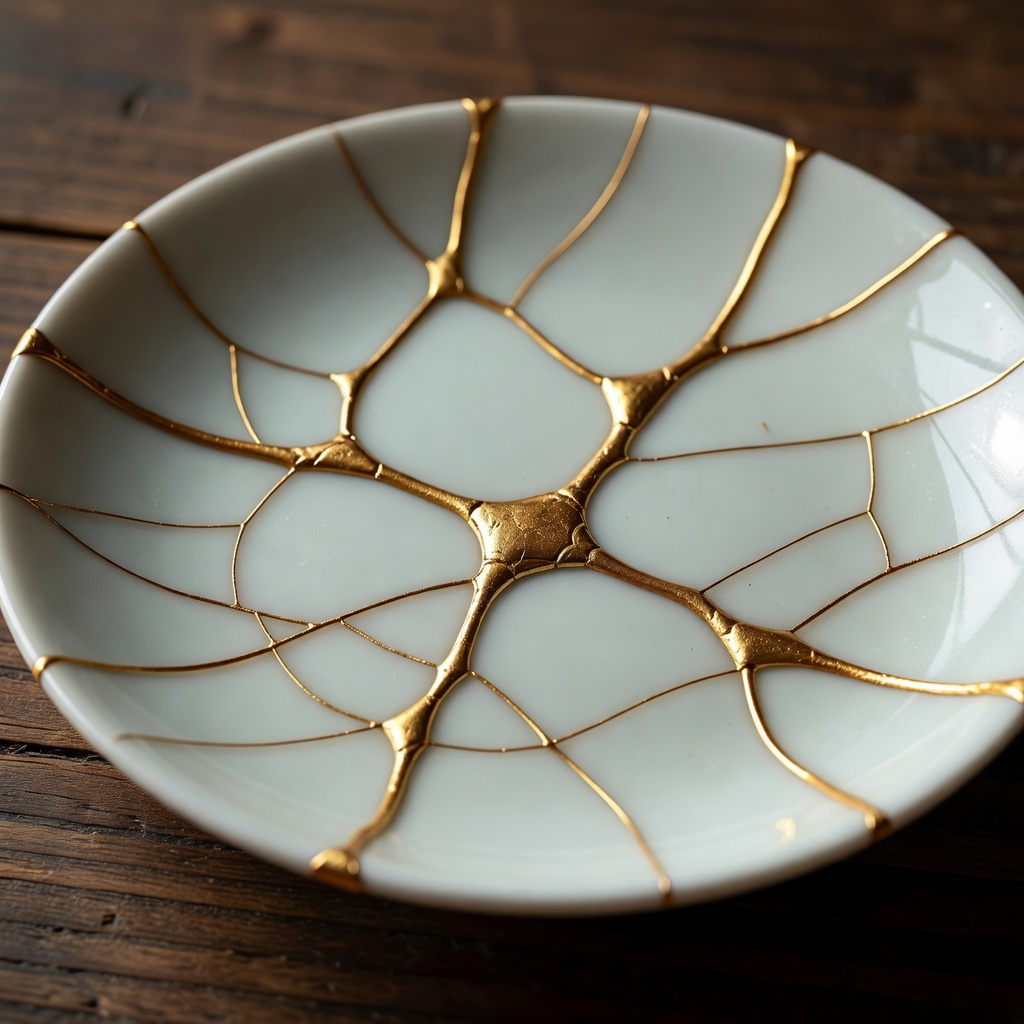 Close-up detail of kintsugi repair on a ceramic plate