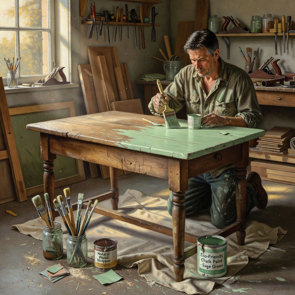 Painting an antique wooden table with a wide brush and sage green chalk paint