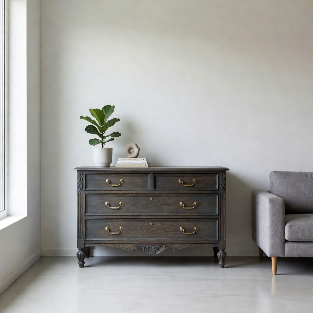 A vintage wooden dresser refinished in soft white chalk paint with new brass handles