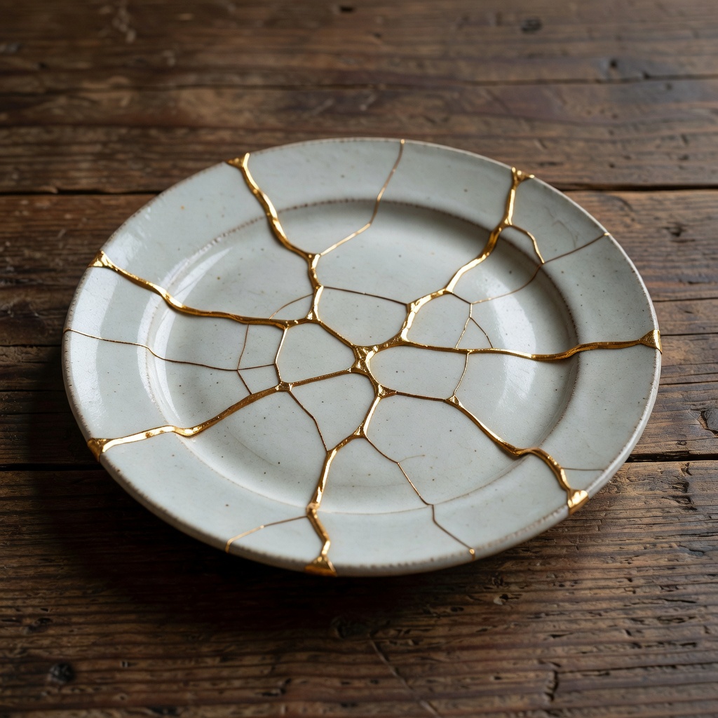 A beautifully kintsugi-repaired plate displayed on a white shelf