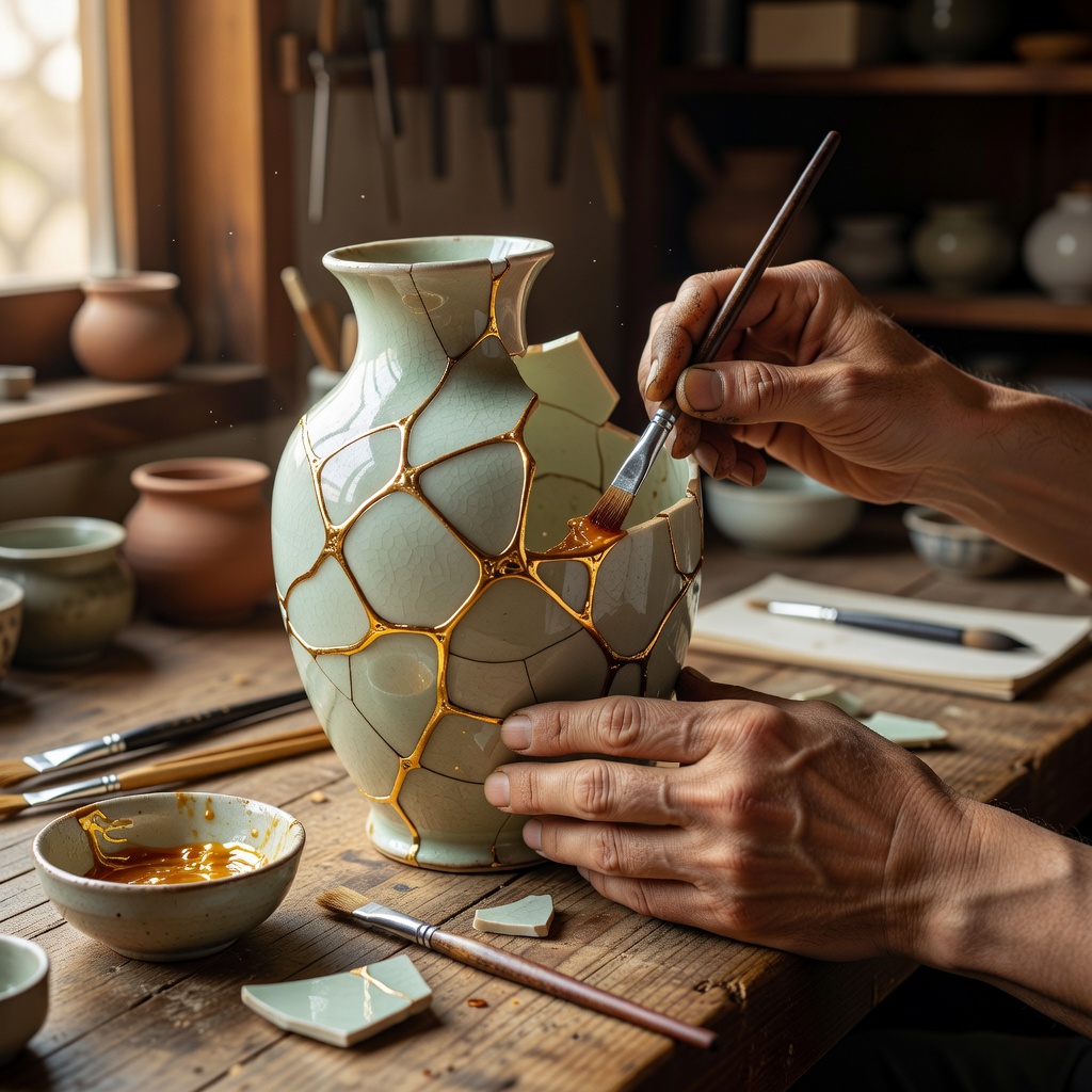 A ceramic vase being carefully repaired with gold kintsugi technique