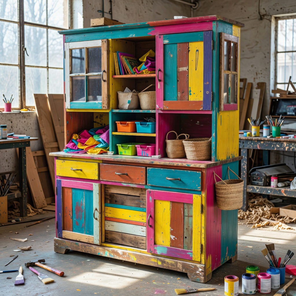 A beautifully upcycled wooden cabinet painted in deep blue with new handles