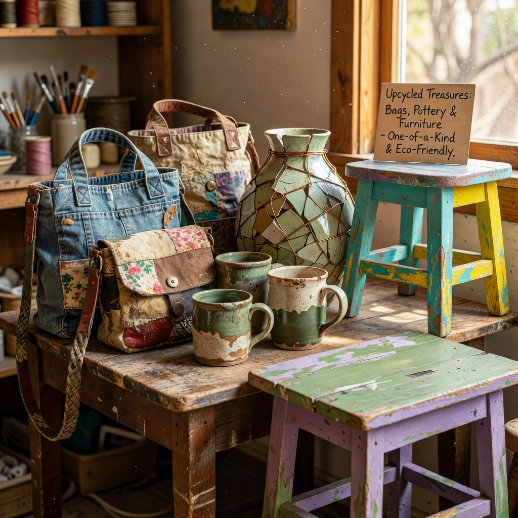 A beautifully arranged collection of upcycled items — kimono bags, kintsugi ceramics, and repainted furniture